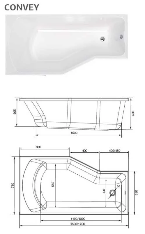 Акриловая ванна Marka One Convey 01кон1575л белый