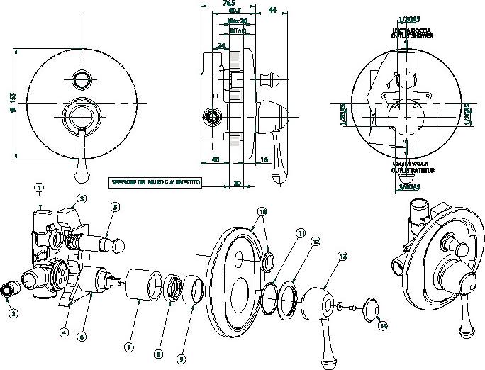 Смеситель Bandini Antico 854.620/06 CrOro с внутренней частью для душа