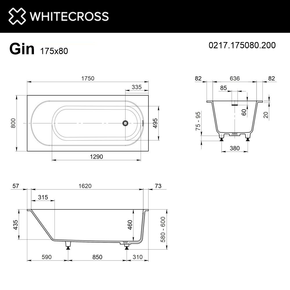 Ванна из искуственного камня Whitecross Gin 175x80 0217.175080.200 белый матовый