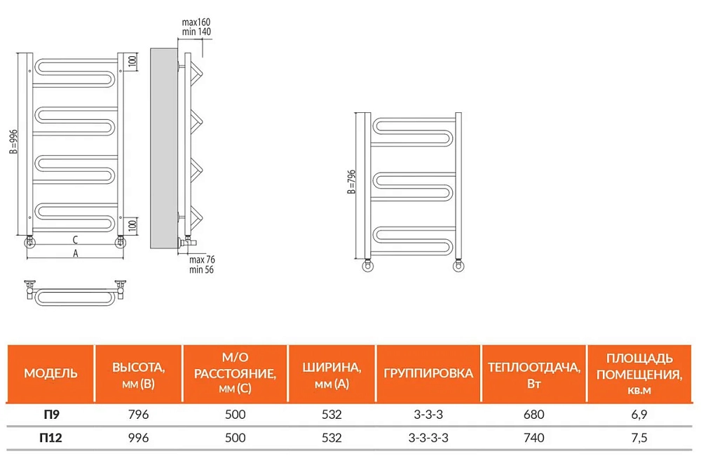 Полотенцесушитель водяной Terminus Юпитер Юпитер П12 500x996 хром