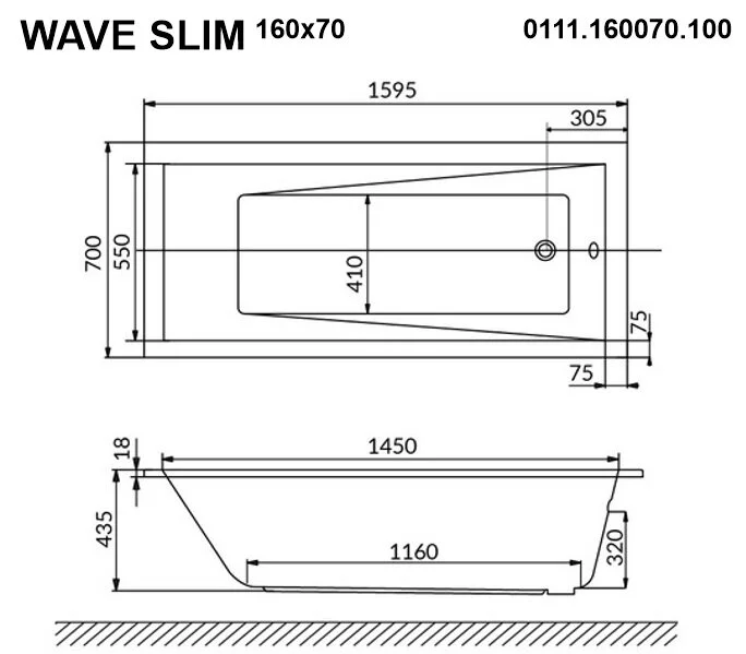 Акриловая ванна Whitecross Wave Slim 0111.160070.100.ULTRANANO.GL золото, белый