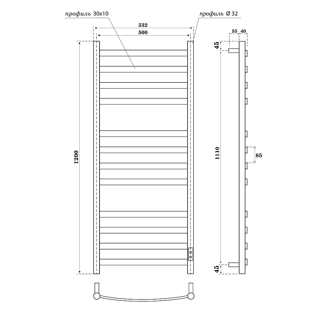 Полотенцесушитель электрический Point Антея PN17852W П12 500x1200, диммер справа, белый