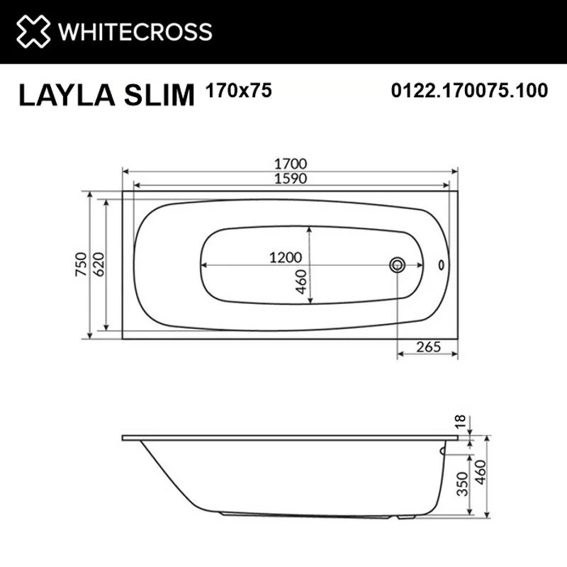 Акриловая ванна Whitecross Layla Slim 0122.170075.100.SOFT.GL золото, белый