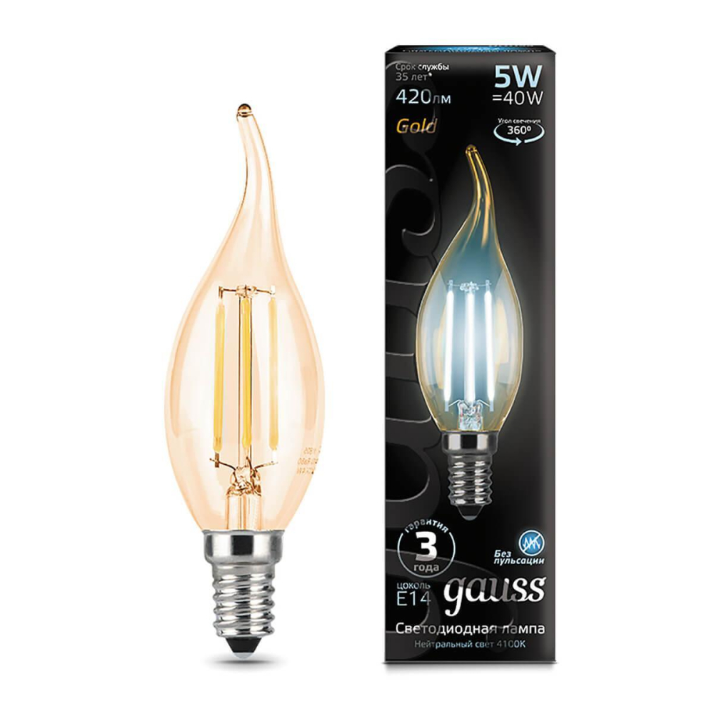 

Лампа светодиодная филаментная Gauss E14 5W 4100K золотая 104801805, Filament Candle