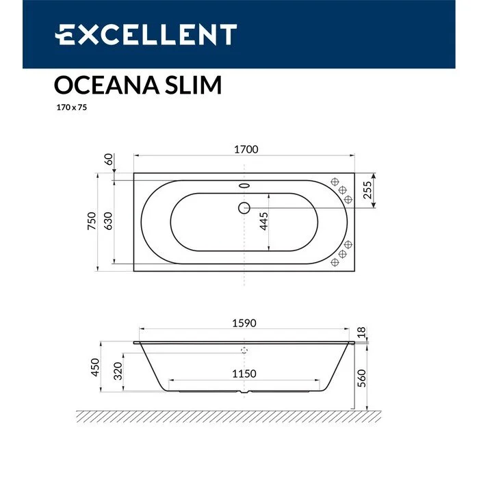 Акриловая ванна Excellent Oceana 170х75 WAEX.OCE17S.LINE.GL золото, белый