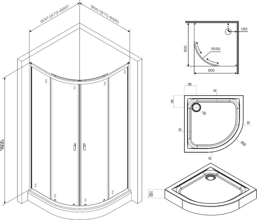 Душевой уголок AM.PM X-Joy 90x90 W88E-205-090BT64, профиль черный, стекло прозрачное