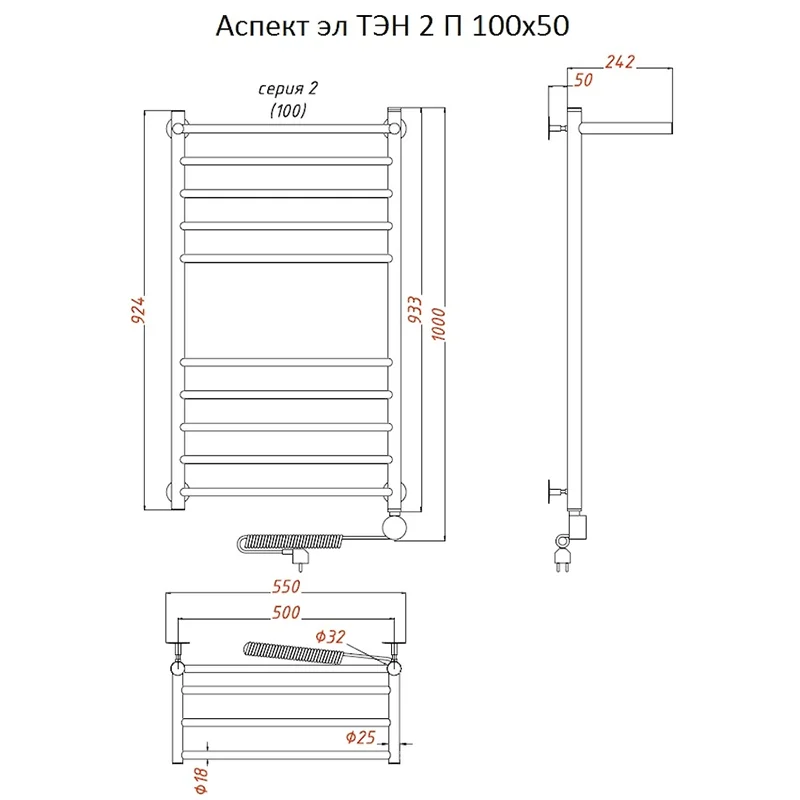 Полотенцесушитель электрический Тругор Аспект серия 2 Аспект2/элТЭН10050П хром
