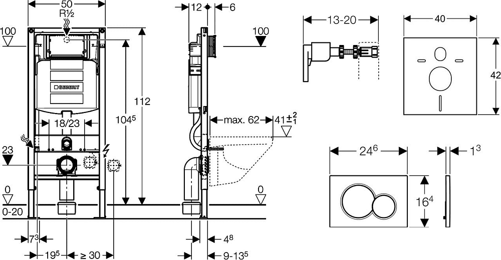 Комплект Чаша Ideal Standard Connect AquaBlade E047901 + Крышка-сиденье + Инсталляция Geberit UP320 111.300.00.5 + Кнопка+ Шумоизоляция + Крепления