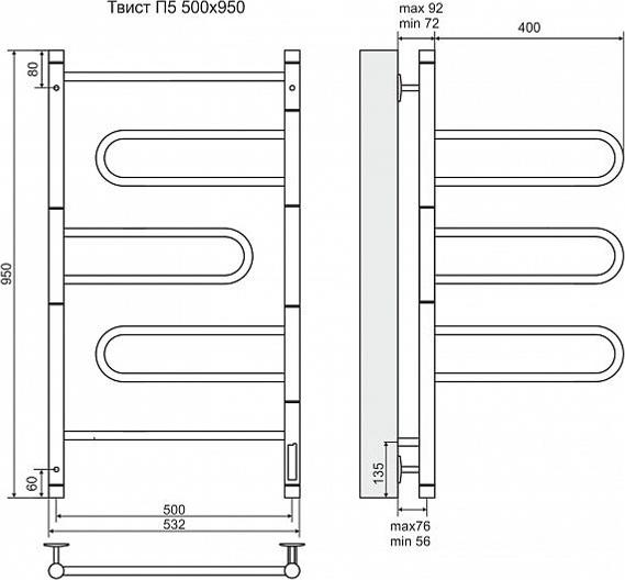 Полотенцесушитель электрический Terminus Твист П5 500x950 4660059580227