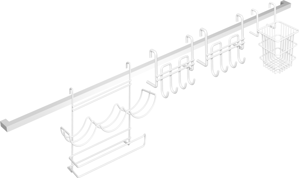 Комплект Рейлинг Domaci Феррара D21342 100, белый муар + Держатель D21362 для столовых приборов, белый муар + Держатель D21360 с крючками, белый муар + Держатель D21348 для приправ и полотенца, белый муар + Держатель D21360 с крючками, белый муар