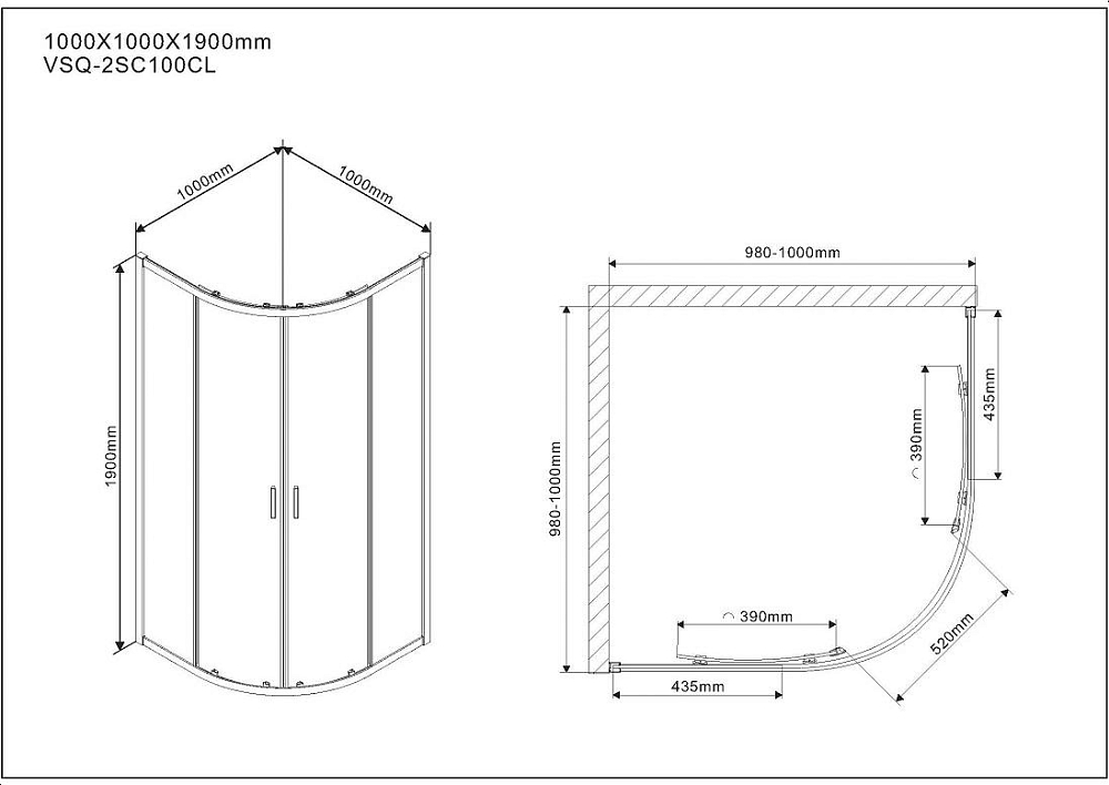 Душевой уголок Vincea Scala VSQ-2SC100CL, стекло прозрачное, хром