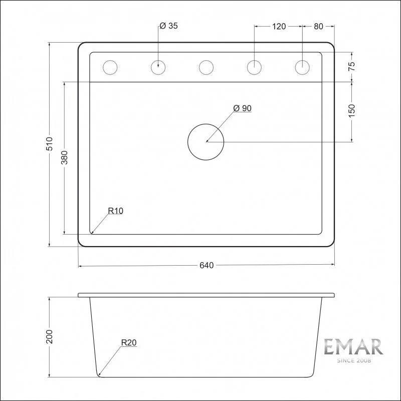 Кухонная мойка Emar Quartz EMQ-1640.Q Антрацит серый