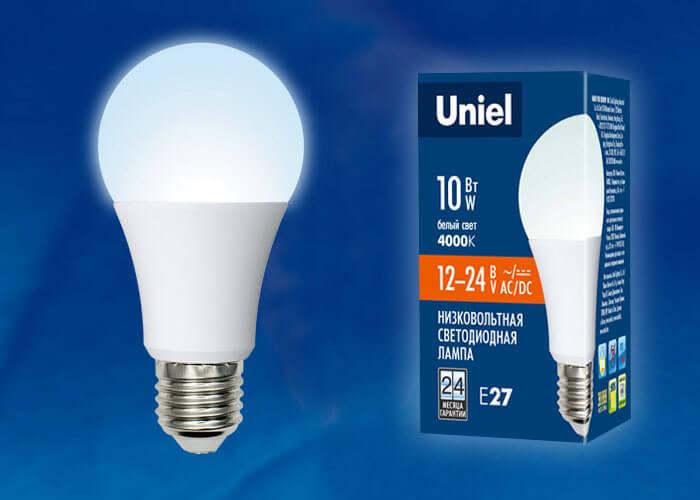 Лампа светодиодная Uniel E27 10W 4000K матовая LED-A60-10W/NW/E27/FR/12-24V PLO55WH UL-00002381