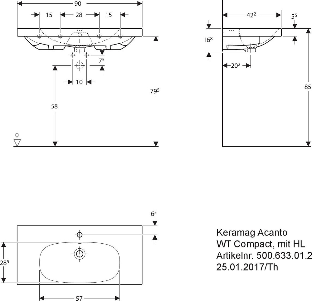 Раковина 90 см Geberit Acanto Compact 500.633.01.2, белый