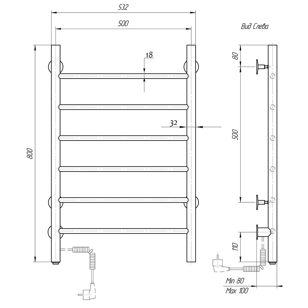 Полотенцесушитель электрический Domoterm Классик DMT 109-6 50*80 EK L хром