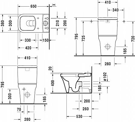 Напольный унитаз Duravit P3 Comforts 2167090000 безободковый с бачком 0937100005 подключение снизу слева