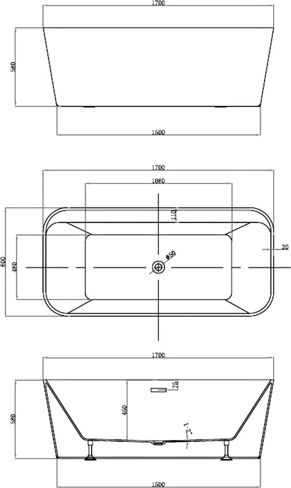 Акриловая ванна Vincea 170x80 VBT-401-1700MW, белый матовый