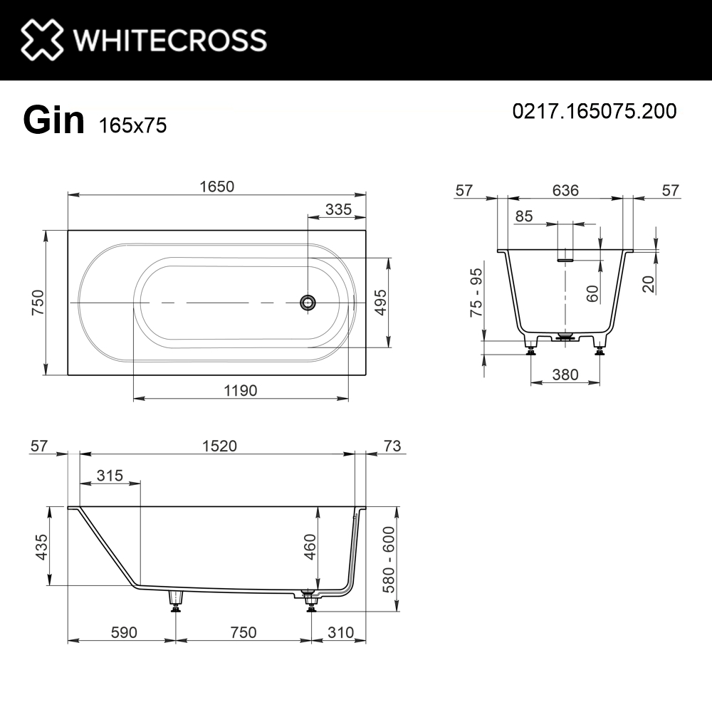 Ванна из искуственного камня Whitecross Gin 165x75 0217.165075.200 белый матовый