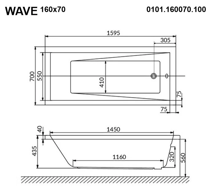 Акриловая ванна Whitecross Wave 0101.160070.100.ULTRANANO.GL золото, белый