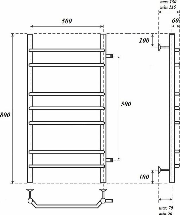 Полотенцесушитель водяной Point PN07558 П7 500x800 с боковым подключением 500, хром