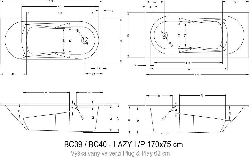 Акриловая ванна Riho Lazy 170x75 L B080005005 без гидромассажа