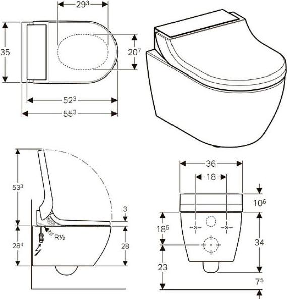 Унитаз-биде подвесной Geberit AquaClean Tuma Comfort 146.294.SI.1 безободковый, белый, панель белое стекло