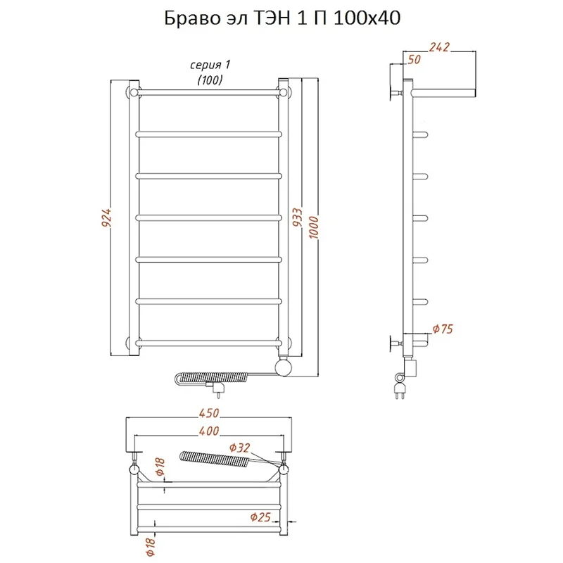 Полотенцесушитель электрический Тругор Браво серия 1 Браво1/элТЭН10040П хром