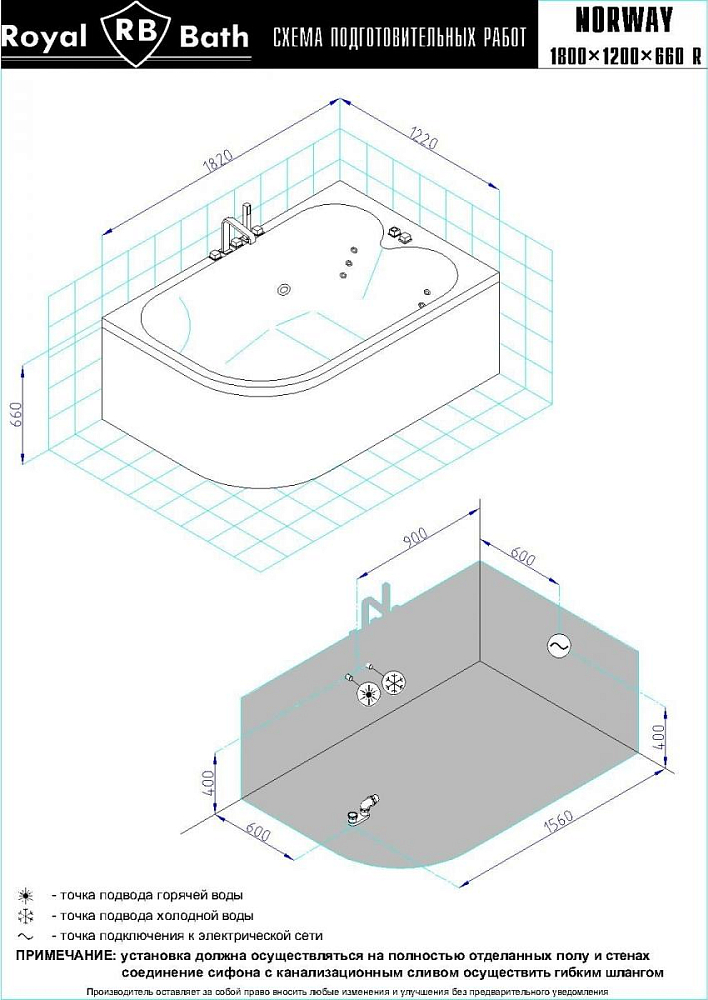 Акриловая ванна Royal Bath Norway De Luxe 180х120 см RB331100DL-R с гидромассажем