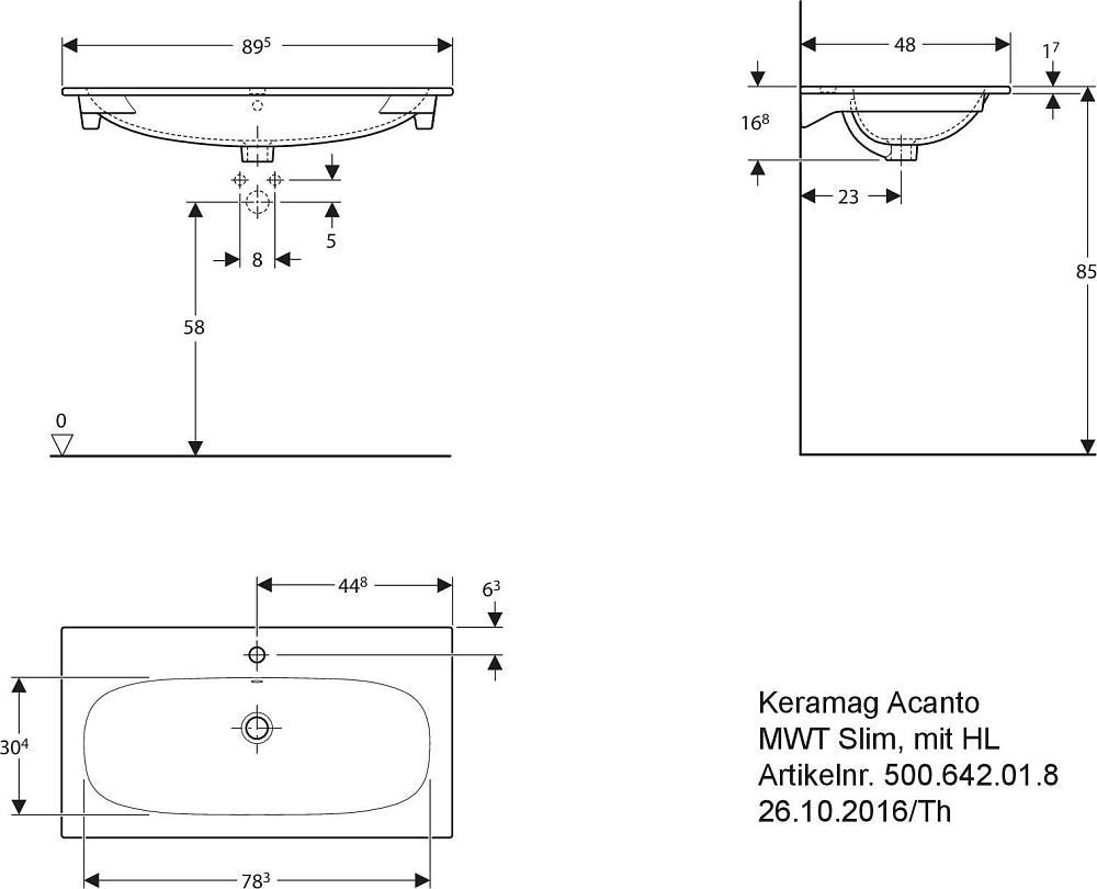 Раковина 90 см Geberit (Keramag) Acanto Slim 500.642.01.8, белый