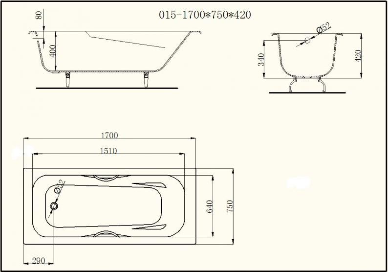 Чугунная ванна Byon B15 170x75 V0000221 с ручками