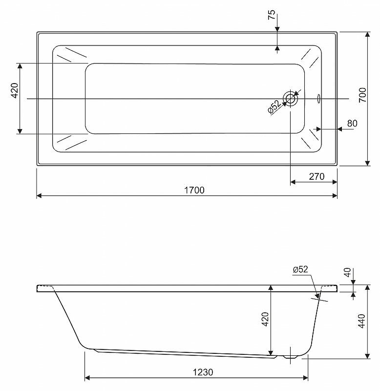 Акриловая ванна Cezares PLANE SOLO MINI-170-70-42-W37 170x70 см, белый