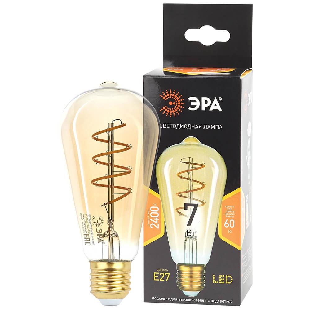 Лампа светодиодная филаментная ЭРА E27 7W 2400K прозрачная F-LED ST64-7W-824-E27 spiral gold Б0047665