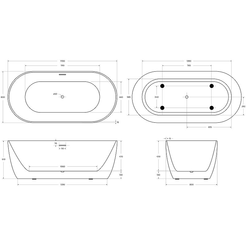 Акриловая ванна BelBagno BB413-1700-800-MATT 170x80, белый матовый