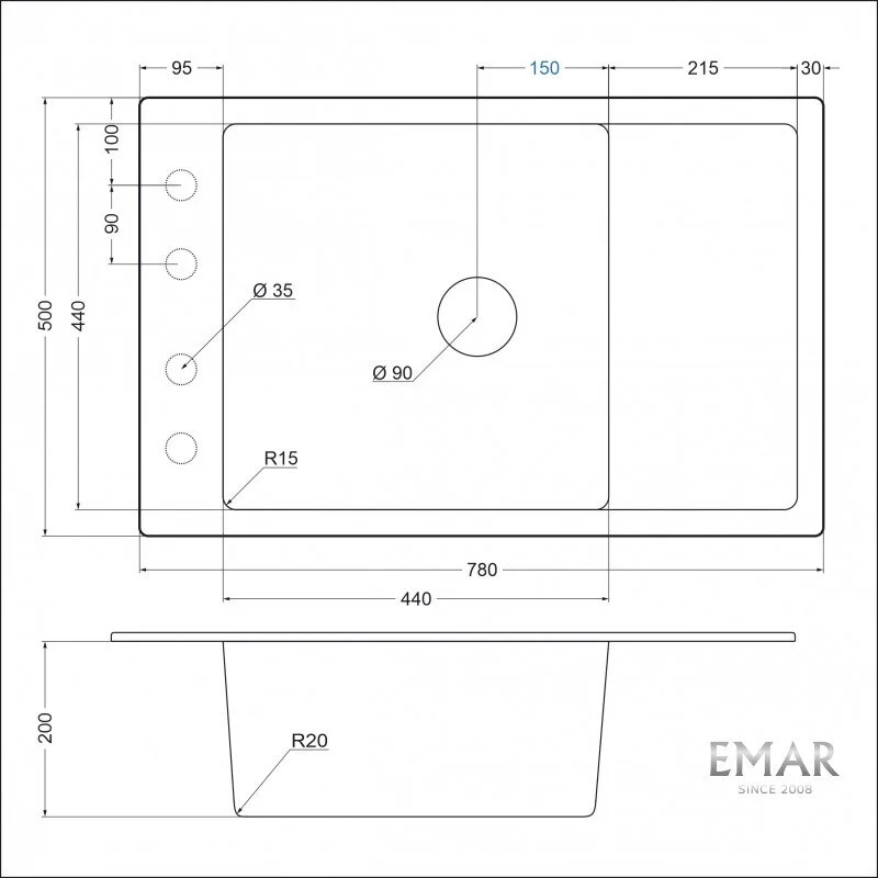 Кухонная мойка Emar Quartz EMQ-1780.Q Алмаз серый