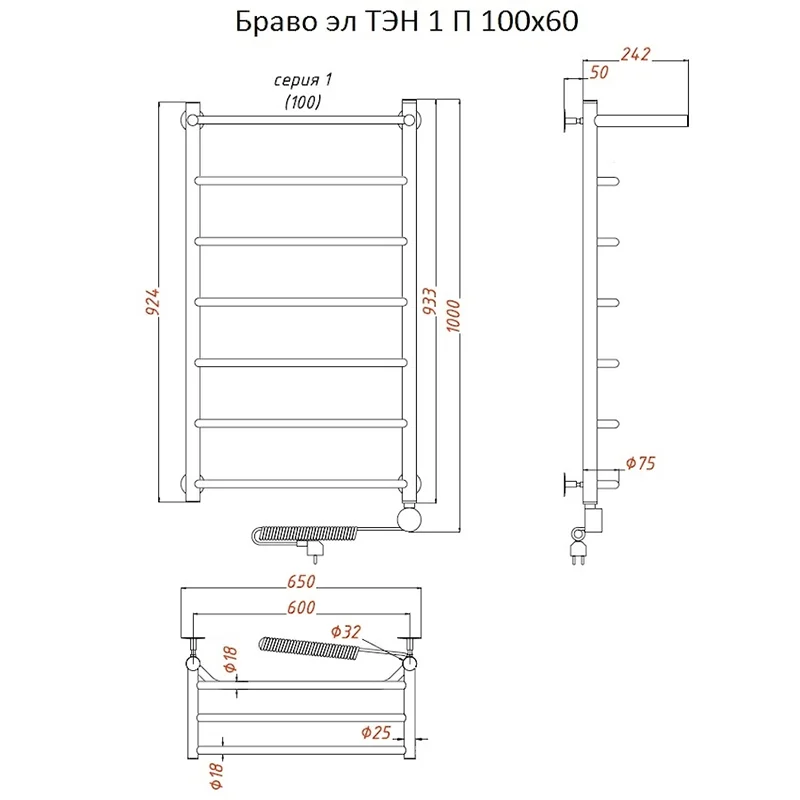 Полотенцесушитель электрический Тругор Браво серия 1 Браво1/элТЭН10060П хром