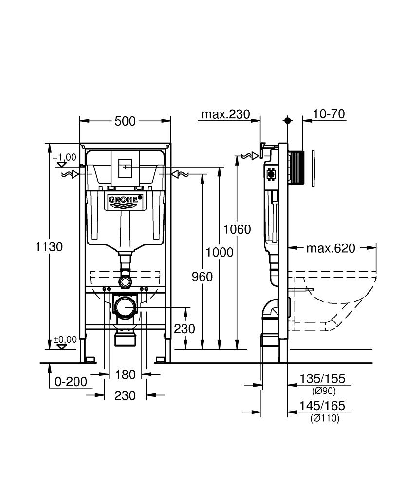 Комплект GRH772005560 Grohe + beWash Rapid SL инсталляция для унитаза подвесного + Kraft унитаз приставной безободковый напольный с сиденьем микролифт белый глянец BKFSR005560