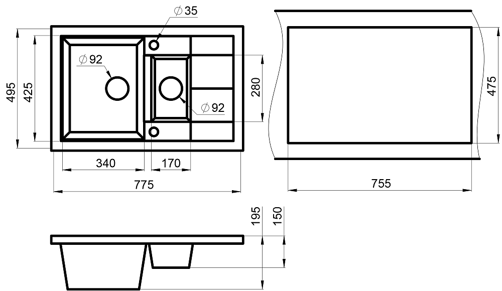 Мойка кухонная Granula 7802, ГРАФИТ графит