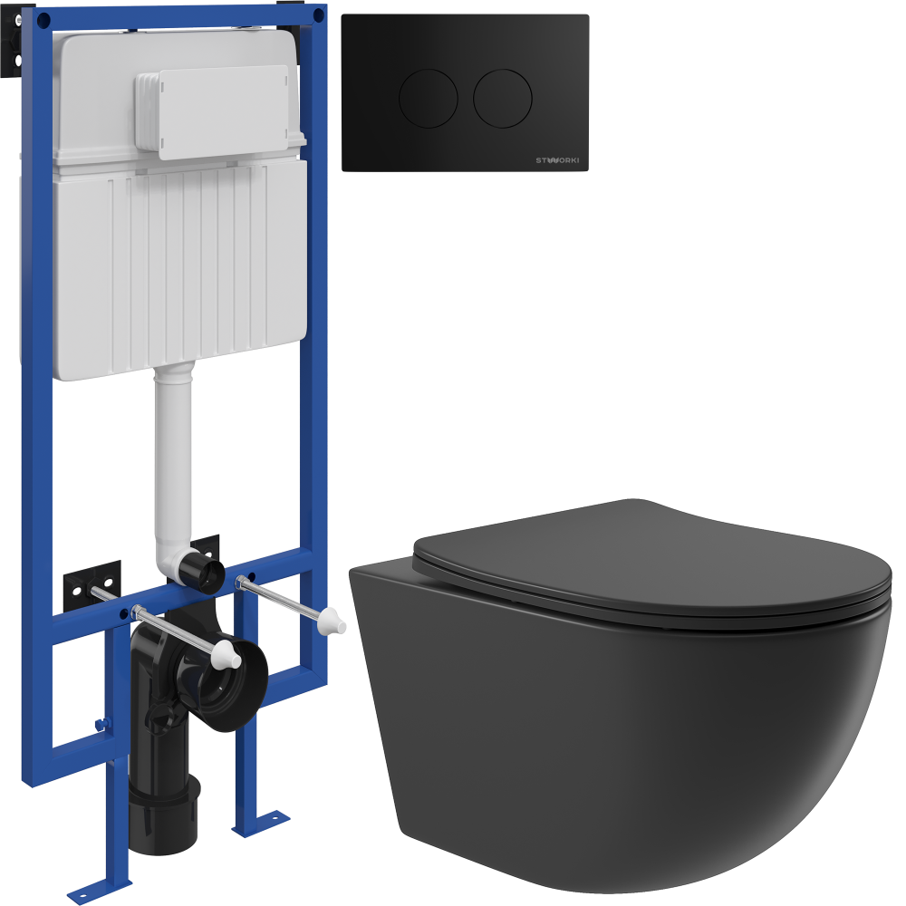 Комплект Унитаз подвесной Aqueduto Ovo OVO0140 безободковый, с микролифтом, черный матовый + Инсталляция STWORKI + Кнопка Хельсинки 500471 черная матовая