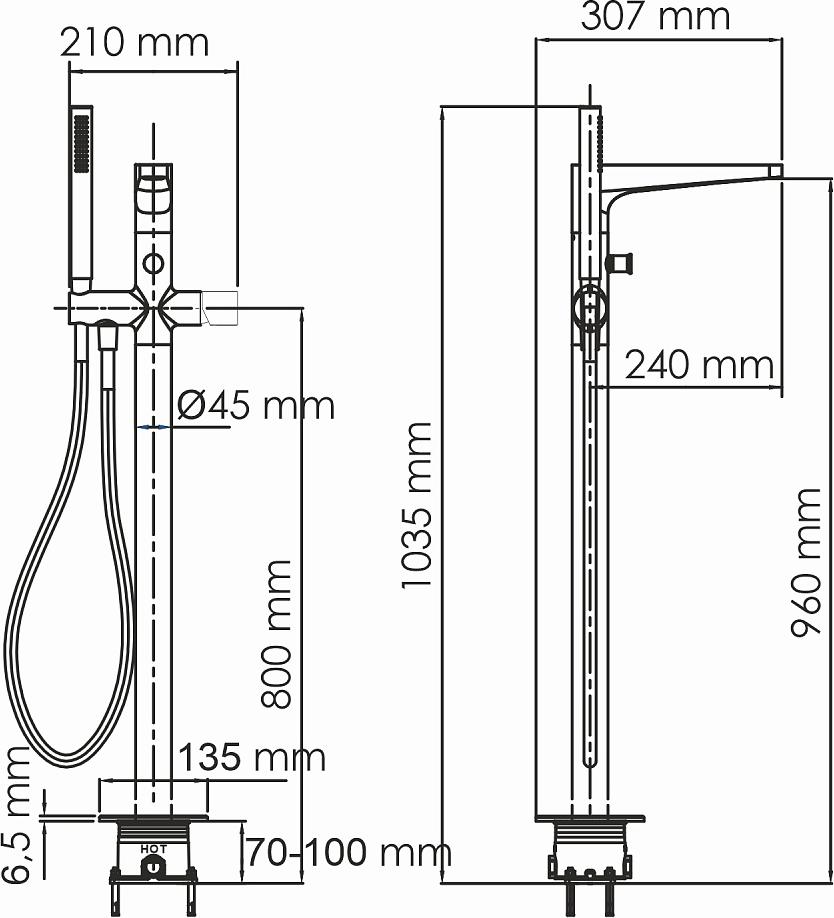 Напольный смеситель для ванны с душем Wasserkraft Sauer 7121, золото