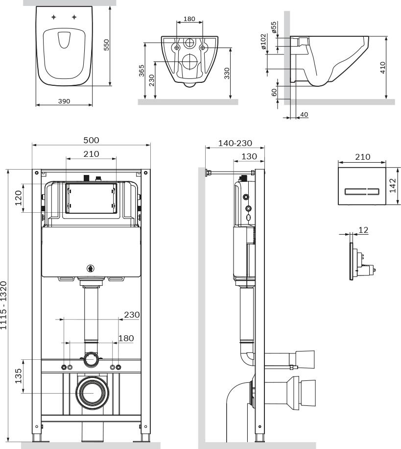 Комплект унитаза с инсталляцией AM.PM Inspire V2.0 FlashClean IS450A38.50A1700 с сиденьем микролифт и черной клавишей смыва