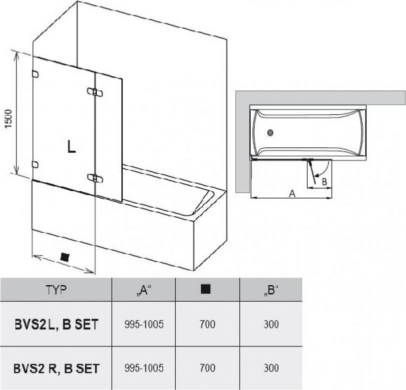 Штора для ванной Ravak BVS2-100 L Transparent, фурнитура хром