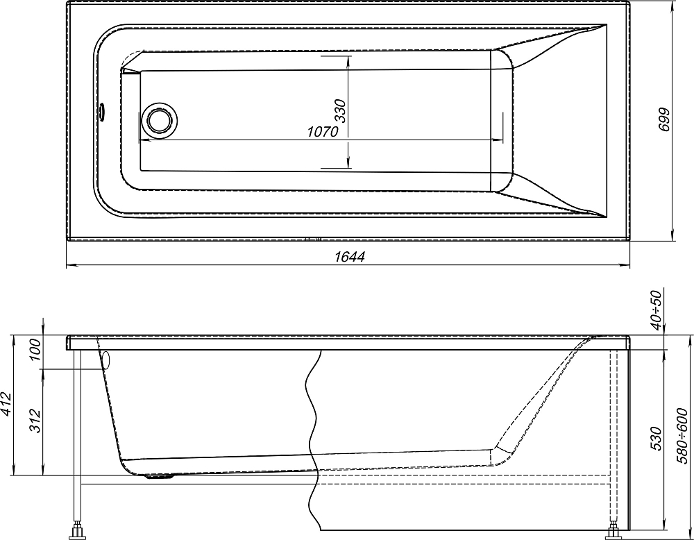 Комплект Акриловая ванна STWORKI Стокгольм 165x70 см, с каркасом + Стойка Муле