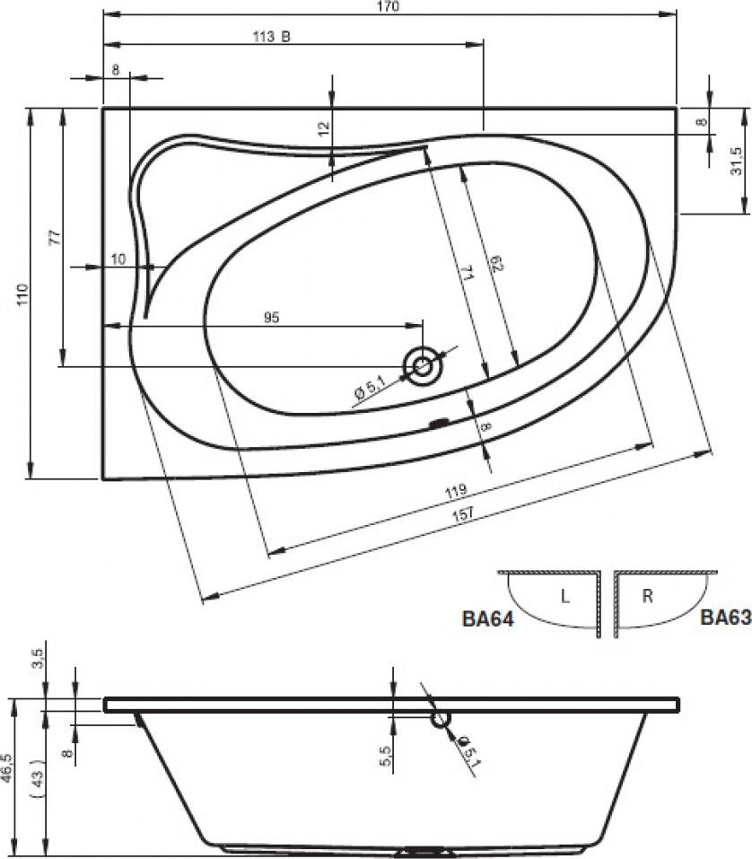 Акриловая ванна Riho Lyra R 170х100 B017001005