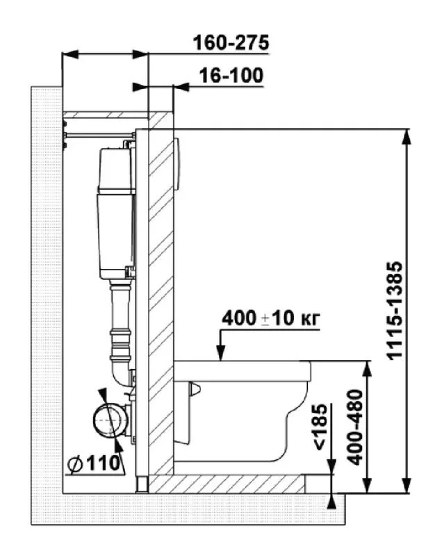 Инсталляция Berges Atom Line 040340 410 для подвесного унитаза, кнопка Soft Touch черная