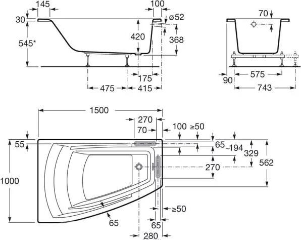 Акриловая ванна Roca Hall Angular R 150х100 ZRU9302865