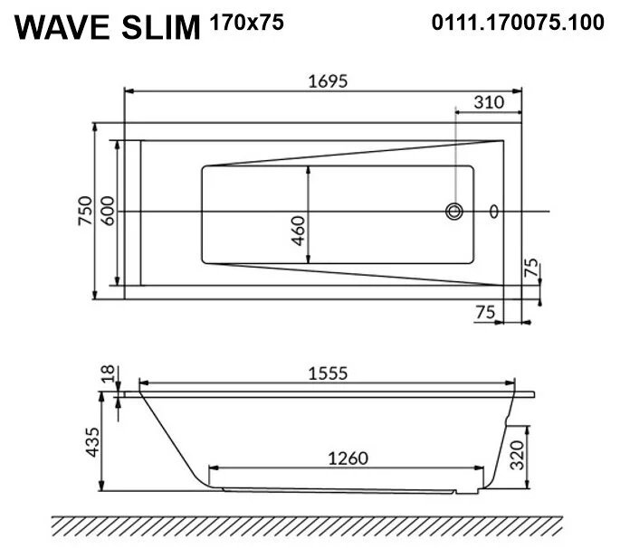 Акриловая ванна Whitecross Wave Slim 0111.170075.100.ULTRANANO.CR хром, белый