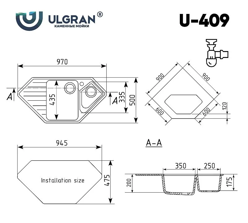 Кухонная мойка Ulgran U-409 U-409-310 серый