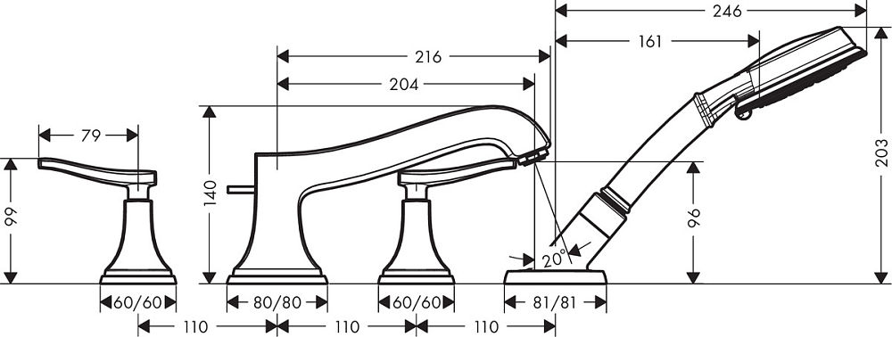 Смеситель на край ванны Hansgrohe Metropol Classic 31441090, хром золото