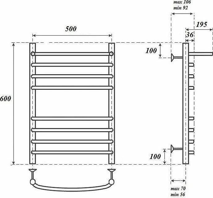 Полотенцесушитель электрический PN05156SPE П7 500x600 с полкой левый/правый, хром