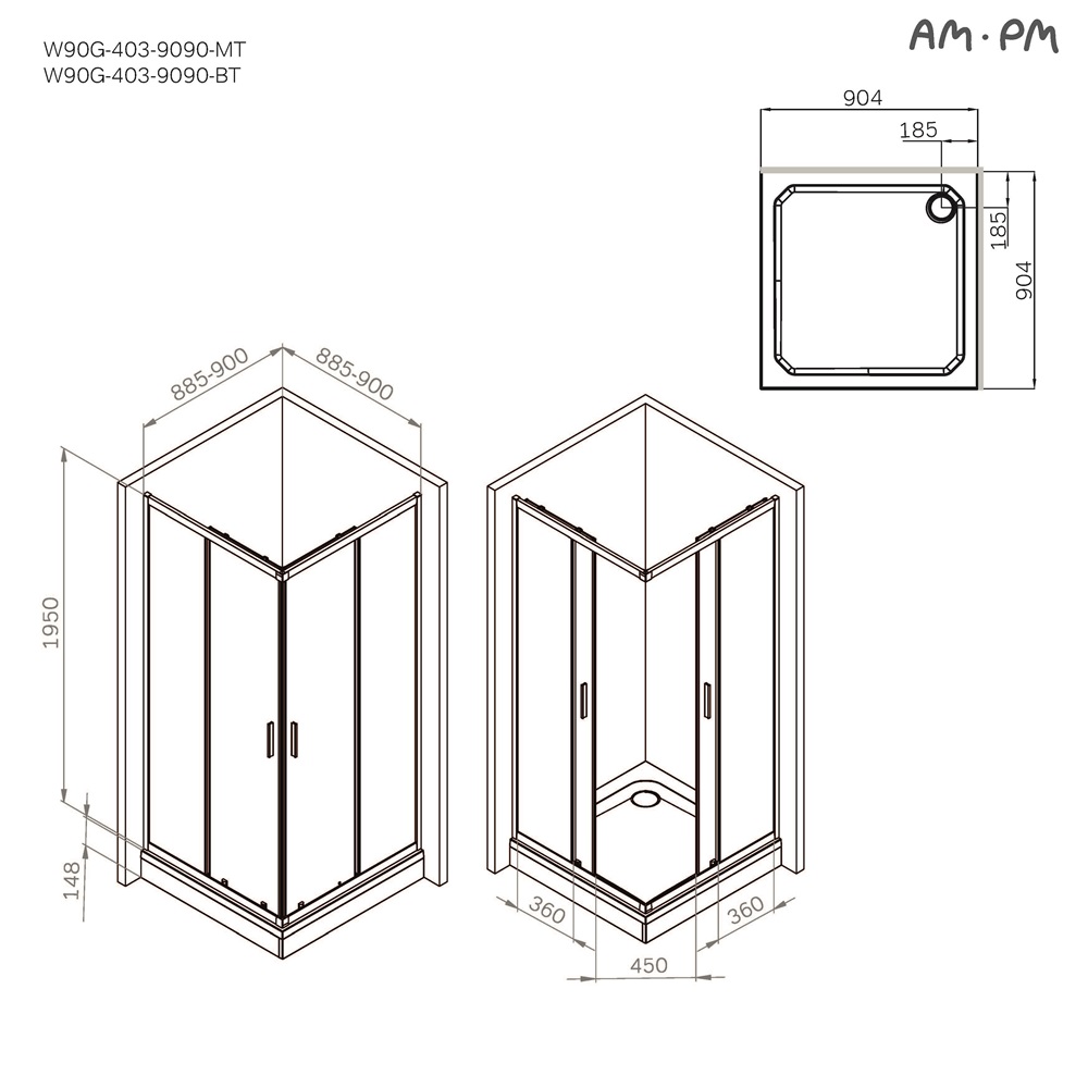 Душевой уголок 90x90 AM.PM Gem W90G-403-9090MT стекло прозрачное, профиль хром матовый